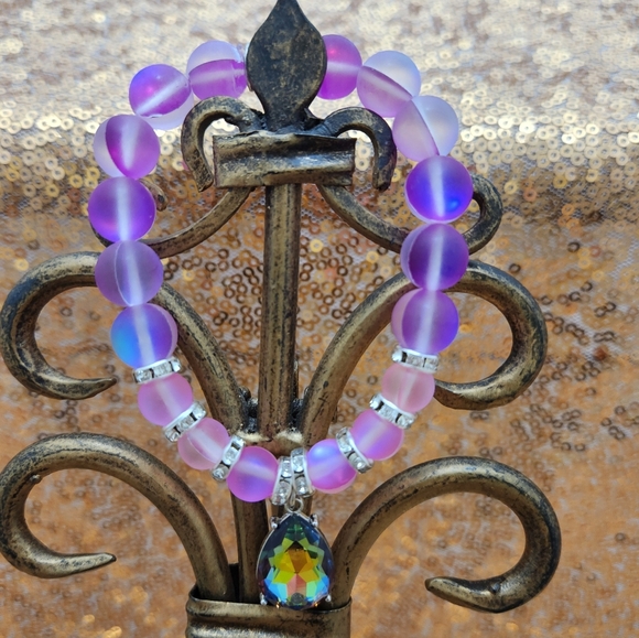 Handmade Purple AB Glass and Pink AB Glass Charm Stretch Bracelet - Picture 1 of 5